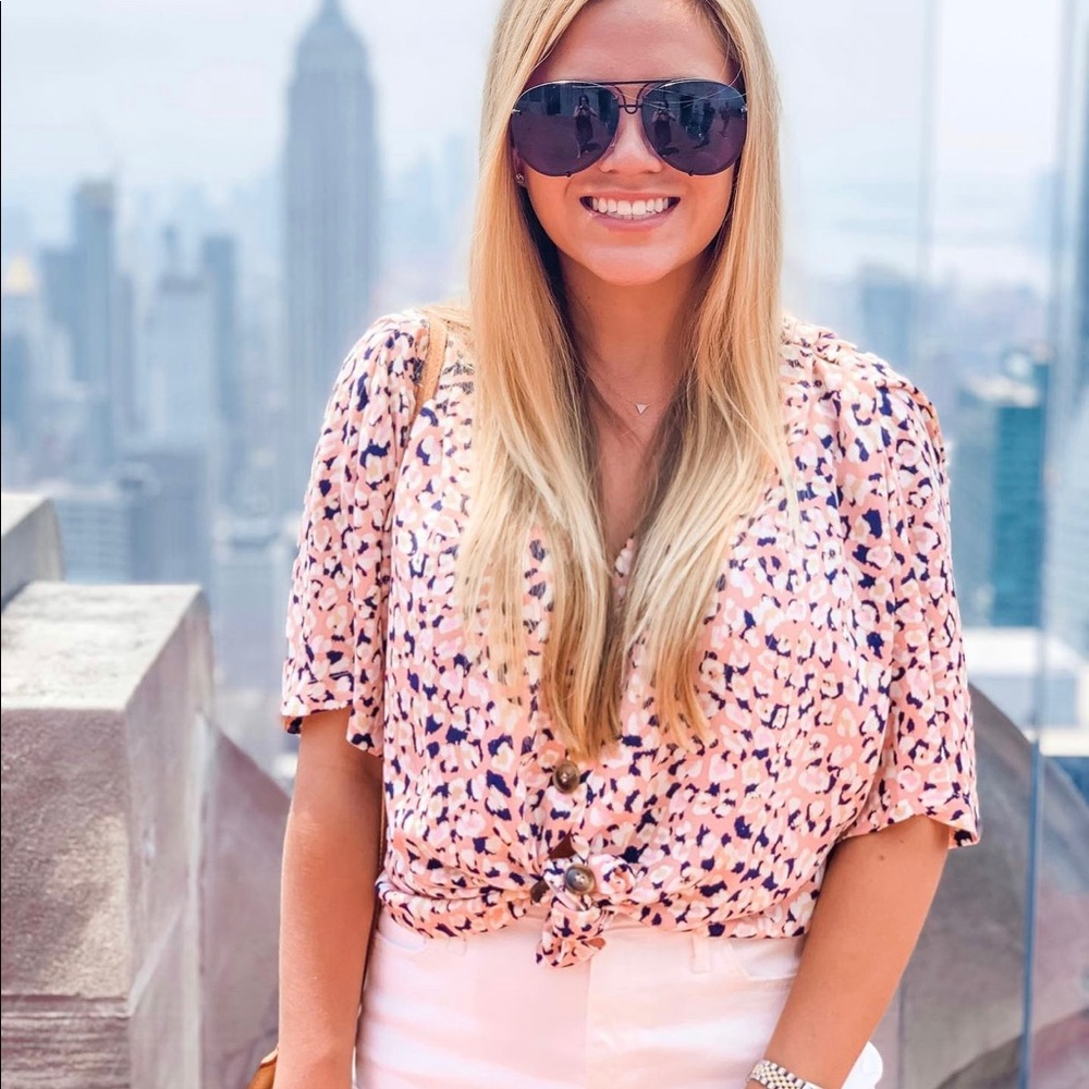 V-neck Button Short Sleeve Blouse